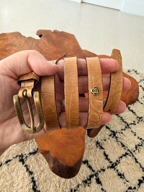 Vintage Olsen Europe Tan Leather Belt with Antique Brass Buckle size S